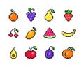 Tropical pixel fruits set. Simple ripe banana with red strawberries