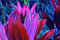 Tropical plant with pink blossom on blue. Exotic nature neon colored digital illustration. Tropical garden blooming