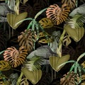 Tropical plant seamless pattern, green jungles leaves of palm tree and flowers allover design with background