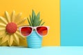 tropical plants in flower pots with sun glasses in copy space background ai generated Royalty Free Stock Photo