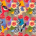 Tropical plants and flowers seamless pattern. Cute birds and big blue butterflies on patchwotk background with abstract print Royalty Free Stock Photo