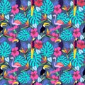 Tropical plants and flowers with toucan, parrot, flamingo Royalty Free Stock Photo
