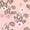 Tropical plants and hibiscus flower seamless pattern . Bush plant leaves decoration on pink background. Royalty Free Stock Photo