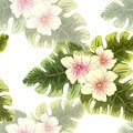 Tropical plants leaves and flowers. Seamless beach pattern on wite background wallpaper