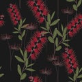 Tropical plants, paradise flowers and exotic leaves seamless pattern on a black background. Royalty Free Stock Photo