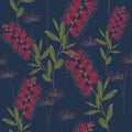 Tropical plants, paradise flowers and leaves seamless pattern on a dark blue background. Royalty Free Stock Photo