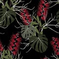 Tropical plants, paradise flowers and monstera leaves seamless pattern on a black background. Royalty Free Stock Photo