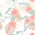 Tropical plants and pastel hibiscus flowers. Seamless tropical pattern, background. Royalty Free Stock Photo