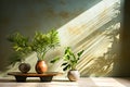 Tropical plants in a pot against an apartment wall with text and design space Royalty Free Stock Photo