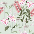 Tropical plants, royal lilies flowers and leaves seamless pattern on a light mint background. Royalty Free Stock Photo