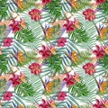 Tropical plants seamless pattern for fabric, wallpaper and wrapping paper. Watercolor illustration of hand painting. Royalty Free Stock Photo
