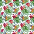 Tropical plants seamless pattern for fabric, wallpaper and wrapping paper. Watercolor illustration of hand painting. Royalty Free Stock Photo