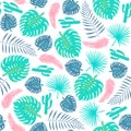 Tropical plants seamless pattern with leaves and cactuses.