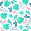 Tropical plants seamless pattern with leaves and cactuses.