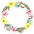 Tropical plants wreath in a watercolor style.