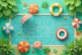 Tropical poolside summer scene, overhead view, empty space for text, vacation advertisement Royalty Free Stock Photo