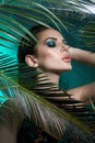 Tropical portrait sexy woman in leaves palm tree. Bright green makeup, shadow of palm leaves on girl face. Beautiful makeup