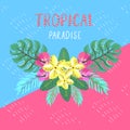 Tropical postcard. Summer background with frangipani, hibiscus and palm leaves.