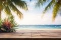 Tropical Princess Relaxing on Beach with Wooden Table and Plante