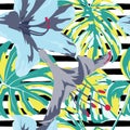 Tropical Print. Jungle Seamless Pattern. Vector Tropic Summer Motif with Hawaiian Flowers. Royalty Free Stock Photo