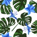 Tropical Print. Jungle Seamless Pattern. Vector Tropic Summer Motif with Hawaiian Flowers. Royalty Free Stock Photo