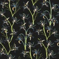 Tropical print with vibrant flowers on a dark background. Seamless textile pattern hand-drawn in vintage style Royalty Free Stock Photo