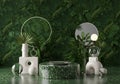 Tropical Product Display with Greenery and Geometric Shapes for Presentation