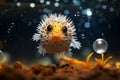 Cute puffer blowfish swimming in deep ocean