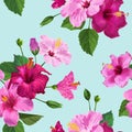 Tropical Purple Hibiscus Flower Seamless Pattern. Floral Summer Background for Fabric Textile, Wallpaper, Decor Royalty Free Stock Photo