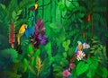 Tropical Rain Forest with colorful birds in illustration