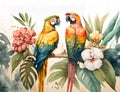 Tropical rain forest with parrots illustration in watercolor