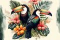 Tropical rain forest with toucan bird with palm leaves and flowers, watercolor painting Royalty Free Stock Photo