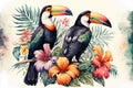 Tropical rain forest with toucan bird with palm leaves and flowers, watercolor painting Royalty Free Stock Photo
