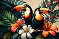 Tropical rain forest with toucan bird with palm leaves and flowers, watercolor painting Royalty Free Stock Photo