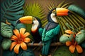 Tropical rain forest with toucans bird with palm leaves and flowers 3D rendering