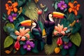 Tropical rain forest with toucans bird with palm leaves and flowers 3D rendering