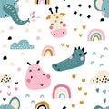 Tropical rainbow Africa. Seamless pattern with cute animals faces. Childish print for nursery in a Scandinavian style. For baby Royalty Free Stock Photo