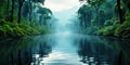 Tropical rainforest around river covered with mist. Generative AI