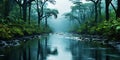 Tropical rainforest around river covered with mist. Generative AI