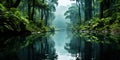 Tropical rainforest around river covered with mist. Generative AI