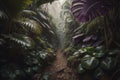 Tropical rainforest with fog and palm trees in Ubud, generative ai