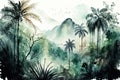 Tropical Rainforest, Jungle, Palm Trees and Mountains, Watercolor Landscape Painting, Background Wallpaper Royalty Free Stock Photo