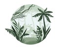 Tropical rainforest landscape with trees in mist. Monochrome jungle scene of round shape vector illustration