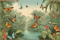 Tropical rainforest river and butterflies and various birds illustration