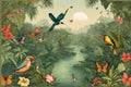 Tropical rainforest river and butterflies and various birds illustration