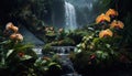 Tropical rainforest, waterfall, fish, green plant, flowing water generated by AI Royalty Free Stock Photo