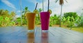 Tropical red dragon fruit and sweet banana mango with white coconut milk blended up into smoothie, fruit cocktail. The Royalty Free Stock Photo