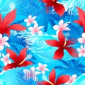 Tropical red hibiscus flowers with surfing wave seamless pattern