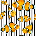 Tropical reef fish Clownfish Amphiprion ocellaris on a black- white striped background, isolated, hand drawn watercolor. Royalty Free Stock Photo