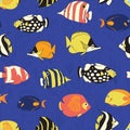 Tropical reef fish Seamless vector pattern. Swimming colorful fishes background. Butterflyfish, Clown Triggerfish, Damsel,